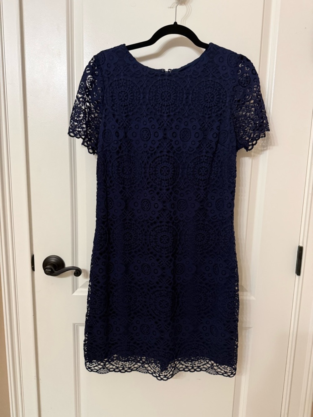LAUNDRY Navy Crochet Midi Dress with Short Sleeves.  Size 12P
